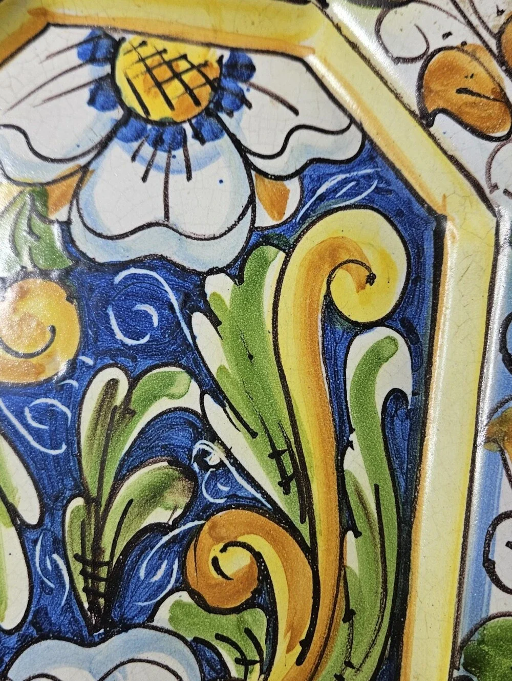 Caltagirone Platter Hexagonal Majolica Floral Green Yellow Blue 12×9